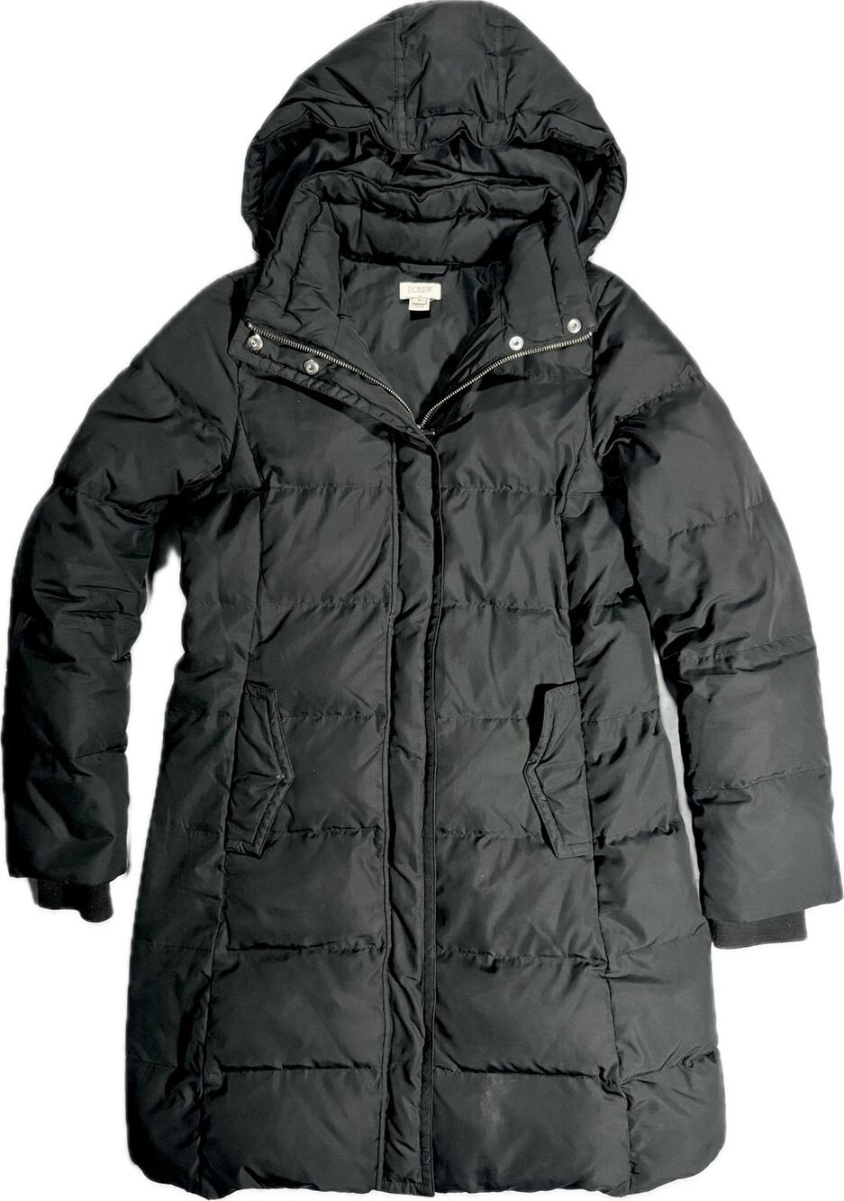 J CREW Sz Small Long Knee Length Down Coat Hooded Puffer Jacket Parka Black